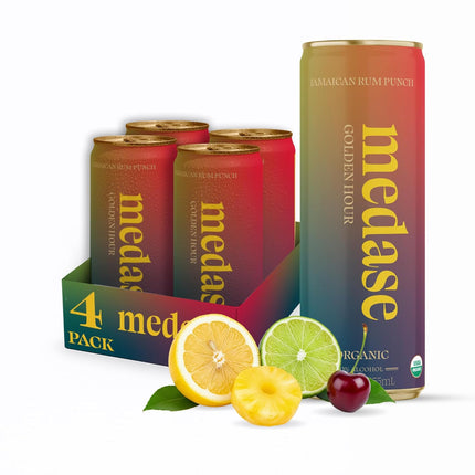 MEDASE Jamaican Rum Punch "Golden Hour" Non-Alcoholic Mocktail (12oz 4 Pack) Authentic Taste, Healthy and Organic Drink, Alcohol Free Beverage, Low Calorie, Gluten Free, Vegan, GMO Free