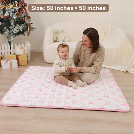 Mifoci Pink Bow Baby Play Mats for Floor, 50x50 Crawling Mat for Playpen Thick Cushioning Padding Foam Playmat Non Slip Foldable Machine Washable for Baby and Toddlers Infants