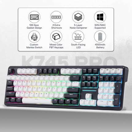PRO Wireless Gasket RGB Gaming Keyboard, 108 Keys Mechanical Keyboard w/Extra 4 Hotkeys, Hot-Swap Socket, 5-Layer Noise Dampening, See-Through Round PBT Keycaps, Switch