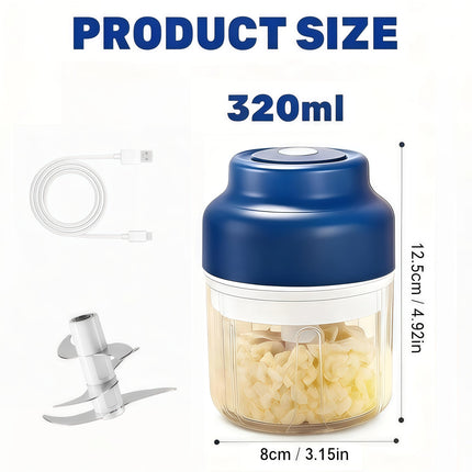 2026 Upgrade Electric Garlic Chopper Mini, 320 ml Small Garlic Chopper Mincer with 6 Stainless Steel Blades, Portable Rechargeable Cordless Chopper for Onion,Chili,Ginger,Nuts,Meat & Fruits (Blue)