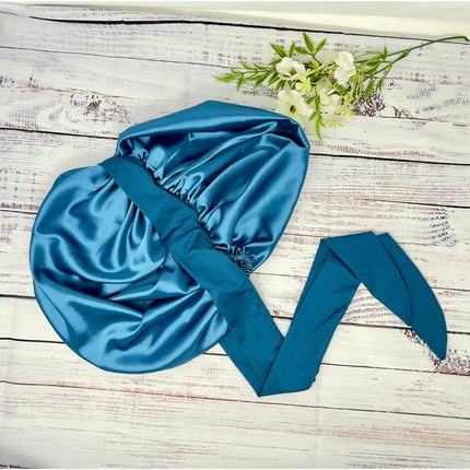 Jumbo Charmeuse Satin Bonnet – Premium Peacock Blue Double Layer Silk Satin Sleep Cap for Natural Hair, Braids, Locs & Long Curly Hair – Anti-Frizz, Adjustable Stay-On Protection