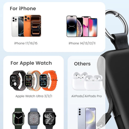 RORRY Portable Charger, 5000mAh Portable Charger Power Bank with Built-in Cables, Travel Keychain Battery Pack for Apple Watch Ultra/11/10/9/8/7/6/SE, iPhone Air/17/16/15/14/13/12, Black