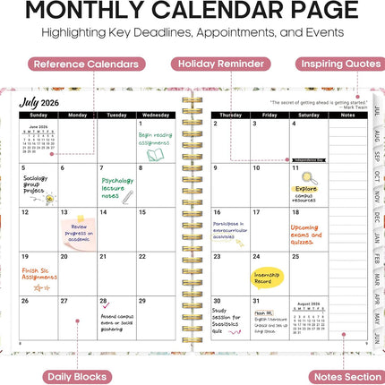 Planner 2026-2027, Academic Year Monthly and Weekly Calendar Planner, Jul 2026 - Jun 2027, Hardcover Teacher Student Planning Agenda book with Tabs, Perfect for School Office Supplies, 6.3" x 8.5" - Wildflowers