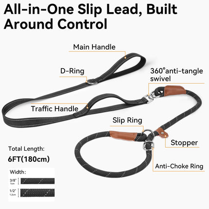 Slip Lead Dog Leash with Dual Handle, No Pull, Black, 6FT x 3/8"