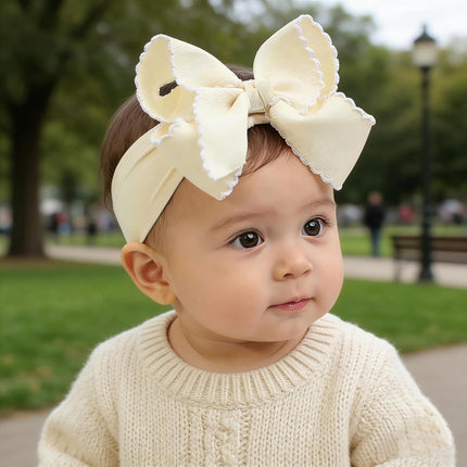 6'' Jumbo Beige Baby Girls Bow Headbands, Handmade Grosgrain Moonstitch Boutique Baby Headwraps, Super Stretchy Soft Nylon Headbands for Newborns, Infants & Toddlers
