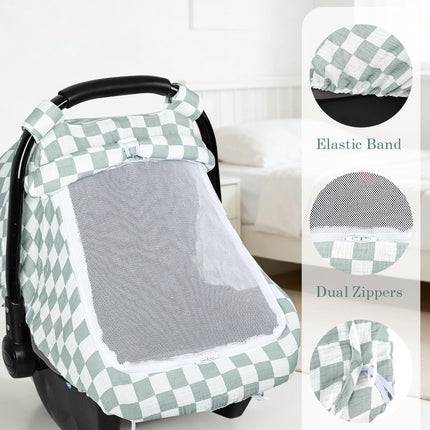 DILIMI Car Seat Covers for Babies, Muslin Cotton Baby Car Seat Cover with Breathable Mesh Window, Summer Infant Car Seat Canopy for Boys Girls Newborn, Green Plaid
