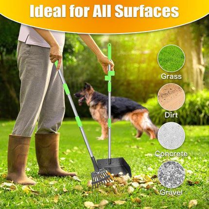 Pooper Scooper for Dogs Metal Heavy Duty Long Handle Rake, Spade & XL Tray