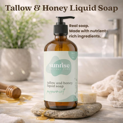 Tallow & Honey Liquid Soap – Peppermint – Natural Face, Body & Hand Wash – Grass-Fed Beef Tallow Cleanser – Gentle Moisturizing Soap – 16 oz
