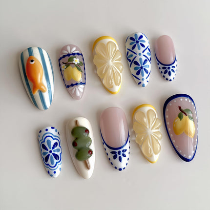 24Pcs Summer Press on Nails Medium Almond Fake Nails 3D Cute Fish Lemon False Nails Reusable Bohemia Designs French Tip Acrylic Nail Summer Fruit Full Cover Stick on Nails for Women Nail Supplies
