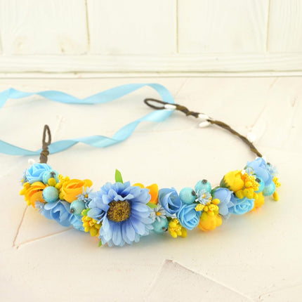 Ukrainian Flower Headband Vinok Yellow Blue Head Wreath for Women Made in Ukraine Flower Crown Flower Heair Wreath Floral Hairband Halo for Women Fake Flowers (Style #30)