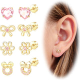 Hypoallergenic Gold Stud Earrings Set with Screw Flat Backs