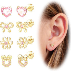 Hypoallergenic Gold Stud Earrings Set with Screw Flat Backs