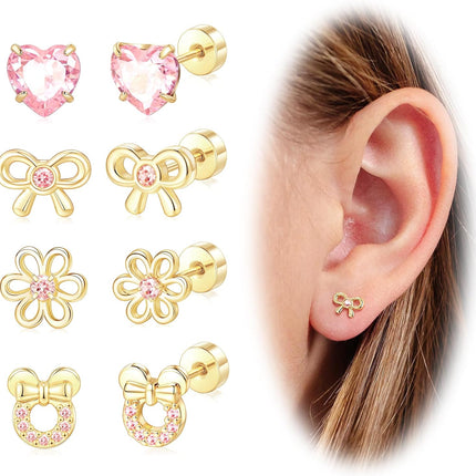 Hypoallergenic Earrings for Girls Toddler Teens Kids Baby 14k Gold Silver Plated Screw Flat Back Earrings Cute Flower Bow Mouse Heart Surgical Steel Stud Earrings Set for Women Teen Girls Gift