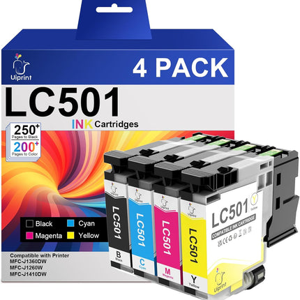 LC501 Ink Cartridges Replacment for Brother LC501XL LC501 Series Inks Compatible with Brother MFC-J1360DW MFC-J1410DW MFC-J1260W Printer, LC5014PK High Yield (Black, Cyan, Magenta, Yellow)