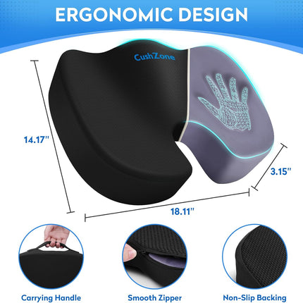 CushZone Seat Cushion - Memory Foam Office Chair Cushion for Sciatica, Tailbone & Back Pain Relief - Orthopedic Coccyx Pillow for Car, Airplane, Pregnancy & Long Sitting at Work, Black