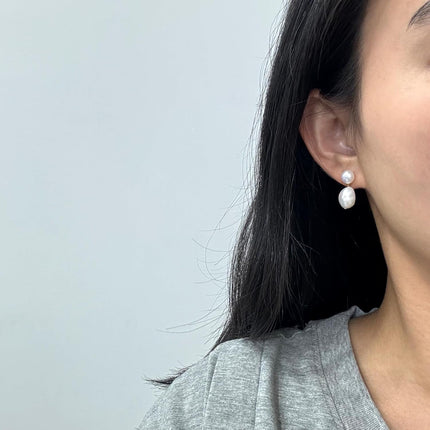 Handmade Freshwater Cultured White Baroque Pearl Dangling Drop Earrings for Women, 14K Gold Plated