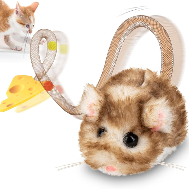 Migipaws Interactive MigiMouse Cat Toy 360° Rolling & Spin with Mesh Plastic Tail for Indoor Cats Smart Motion Sensor, Realistic Squeak, Rechargeable Plush Kitten Toy(Brown Long)