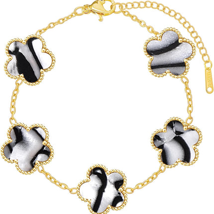 Four Leaf Clover Bracelet for Women 18K Gold Plated Stainless Steel Lucky 4 Leaf Chain Link Adjustable Bracelets Jewelry Gift for Women/White/Black Bracelets (Gold Clover Bracelet/White)
