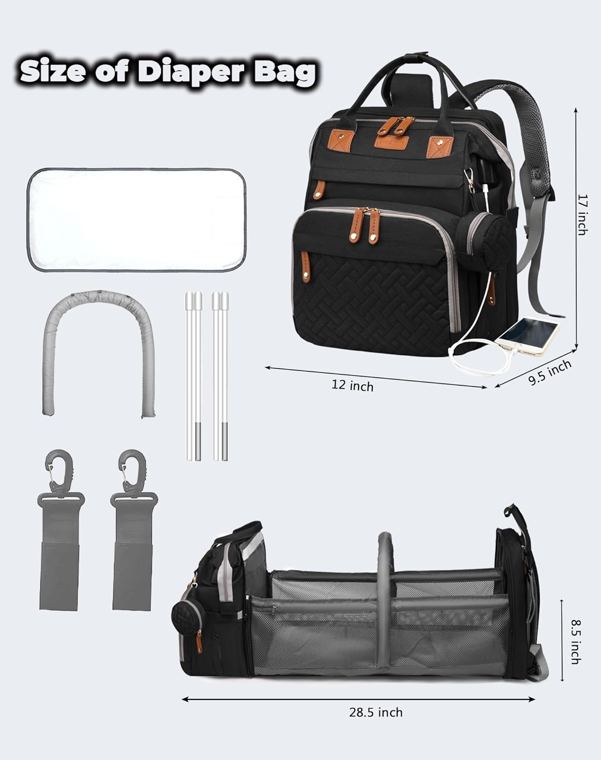 Baby Diaper Bags with Changing Station, Waterproof Diaper Bag Backpack for Moms Dads with USB Charging - photo 2
