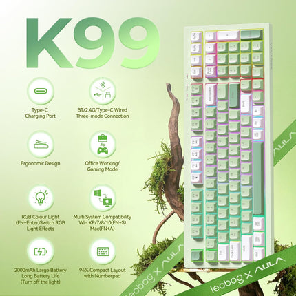 LEOBOG x Aula Gaming Keyboard, Wireless Creamy Keyboard, Bluetooth Computer Keyboards Ergonomic Typewriter Full Size with Number Pad Light Up RGB Backlit Tri-Mode BT/2.4GHz/USB-C - K99 Green