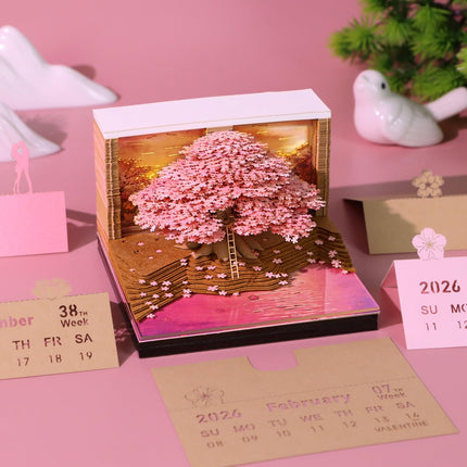 3D Memo Pad Time Piece Calendar 2026,3D Art Calendar 2026 Cherry Blossom Tree Rip Away Calendar Notes for Record, Bookmark, Gift & Decorative Office Decor