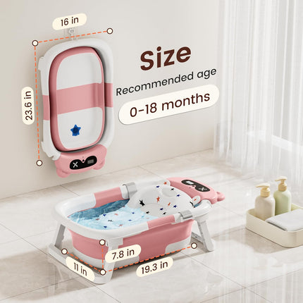 Baby Bathtub,Foldable Baby Bath Tub for Newborn to Toddler (0-18 Months) – Collapsible Infant Tub for Travel with Thermometer, Soft Cushion,Pink