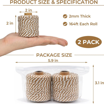 Cotton Twine String,2mm Thick, 164 Feet per Roll, 2 Pack, for Crafts Gift Wrapping Baking Holiday Decor,Tan and White