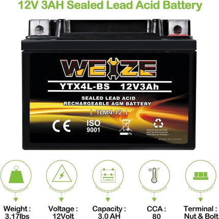 Weize YTX4L-BS High Performance-Rechargeable-Sealed Motorcycle Battery Compatible With Polaris Scrambler, Sportsman 90, Honda Scooters NQ50 Spree,Kawasaki 110 Can-Am DS70,Yamaha TTR125E/LE