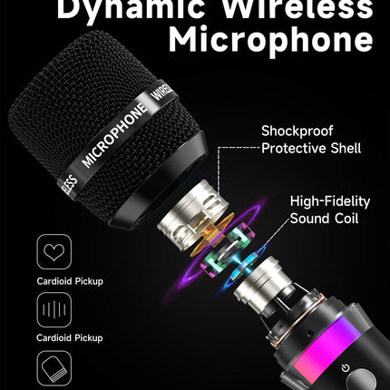 Wireless Microphone, Rechargeable Wireless Microphones with One-to-One Chip Connection and LED Lights, 40H Duration, 200FT Range Receiving, Less Latency Karaoke Microphone for Singing, Speech, Party