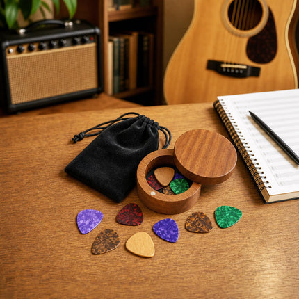 Set de portapúas de guitarra con 2 púas de madera + 8 púas de celuloide (3 grosores), estuche de madera con tapa magnética giratoria, mini joyero, accesorios musicales para guitarrista
