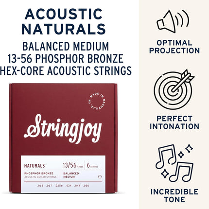 Stringjoy Naturals 13-56 Balanced Medium Gauge guitar strings – Phosphor Bronze Acoustic Guitar Strings - Powerful Tone and Balanced Feel, Acoustic 6 String Set, 1-Pack
