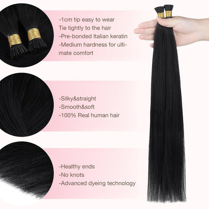 GOO GOO I Tip Hair Extensions Real Human Hair, 24inch 50g 50S, Cold Fusion I Tip Hair Extensions, Invisible Remy Hair, 1 Jet black