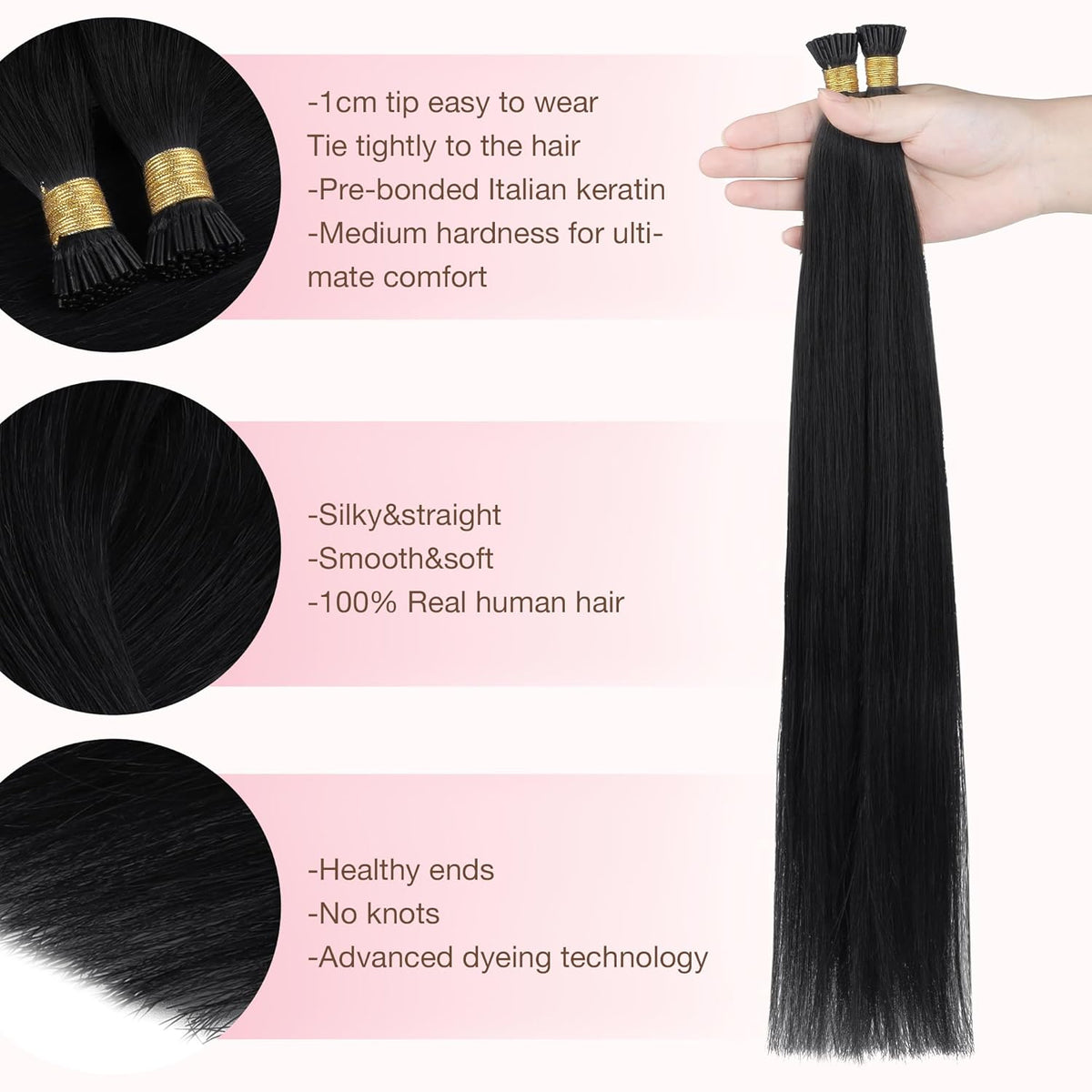 I Tip Real Human Hair Extensions, 24 Inch 50g 50S, Jet Black - photo 2