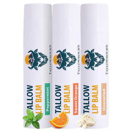 Moisturizing Tallow Lip Balm – Grass-Fed Beef Tallow with Organic Coconut Oil, Beeswax, and Vitamin E – Lip Balm Set – Variety Pack – Travel Essential – 3-Pack