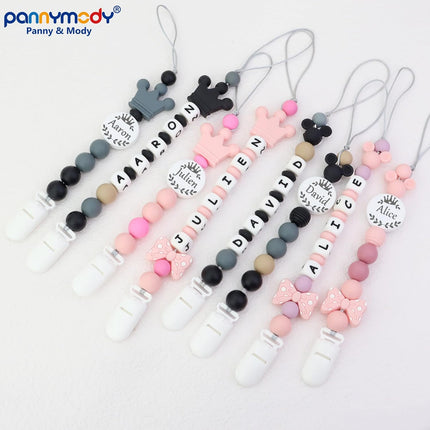 Personalized Pacifier Clip with Name, Customizable Pacifier Clip (2 Pack) (Crown-Pink)