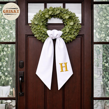 Monogram Wreath Sash Bow for Front Door, Wreath Ribbon with Adjustable Bow Knot Farmhouse Door Wreath Decor Monogram Embroidered Sash for Holiday,Wedding,Memorial (12 - Initial)