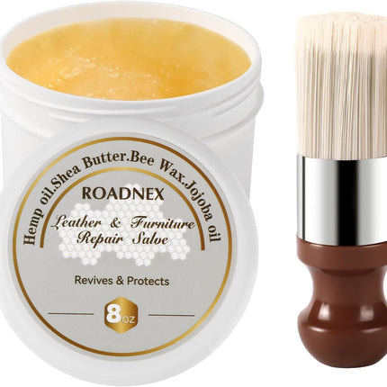 Leather Repair Salve & Brush Set, Leather Cleaner and Conditioner for Furniture, Couch, Car Seats - Scratch Repair, Restore Color, UV Protection, for Leather, Vinyl & Wood - 8oz