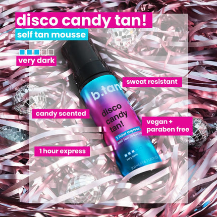 b.tan Dark Self Tanner Mousse | Disco Candy Tan - Best, 1 Hour Express Sunless Tanning Foam, Candy-Scented, Sweat-Proof & Transfer Resistant, No Fake Tan Smell, Vegan, Cruelty Free, 6.7 Fl Oz