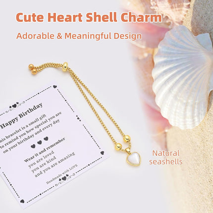 Birthday Gift Bracelet for Girls Age 4-13, 14K Gold Plated Heart Shell Bracelet, Adjustable Cute Jewelry for Daughter Granddaughter Niece, Meaningful Kids Birthday Jewelry Present