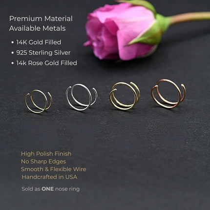 LUCKYJEWUS Double Nose Ring Hoop for Single Piercing, 14k Gold Filled or Sterling Silver Spiral Twist Nose Hoop for Women Men
