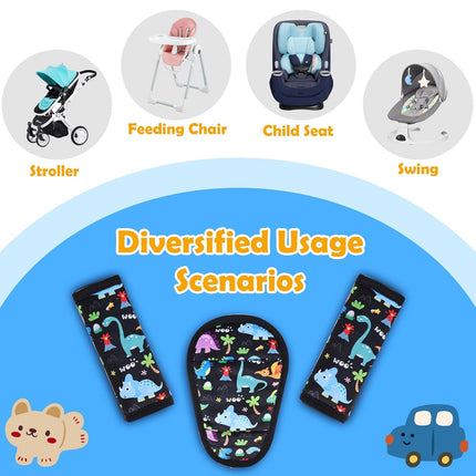 3 Pcs Car Seat Stroller Straps Pads for Baby, Newborn Soft Shoulder Strap and Crotch Covers, Universal Shoulder Straps Pads for Car Seat, Pushchair, High Chair (Dinosaur)