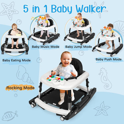 5 in 1 Baby Walker Foldable Music and Lights with 5 Adjustable Heights, Baby Walker with Wheels Portable, Infant Toddler Walker for Baby Boy Girls 6-18 Months (Black)