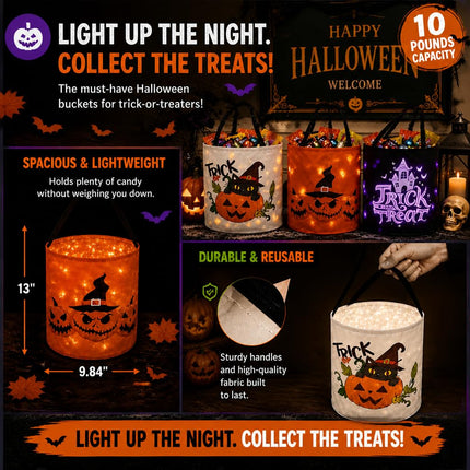 Halloween Trick or Bags with LED Lights 3 PACKS Light Up Buckets