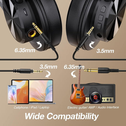 OneOdio A70 Bluetooth Over Ear Headphones, Wireless Headphones with 72H Playtime, Hi-Res, Built-in Mic, 3.5mm/6.35mm Wired Audio Jack for Studio Monitor & Mixing DJ Guitar AMP, Computer PC Gaming