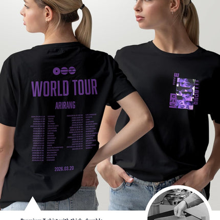 Purple Arirang World Tour Shirt - K-Pop Idol Portrait Graphic Tee - South Korean Boy Band Concert Dates Fan Souvenir Tee