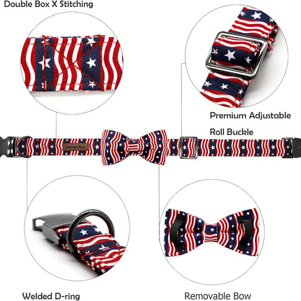 Lionheart glory American Flag Dog Collar, 4 of July Dog Bow Collar Heavy Duty Adjustable Patriotic Dog Collar with Bowtie for Medium Dogs Pet Gift