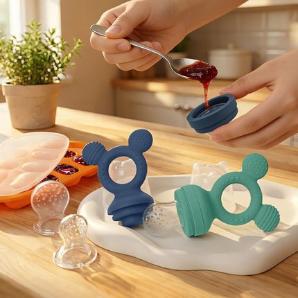 Baby Fruit Feeder 2 Pack with Freezer Tray, 4 Silicone Pouches in 3 Sizes, Breastmilk Popsicle Mold, Food Feeder Pacifier and Silicone Teether, 4+ Months