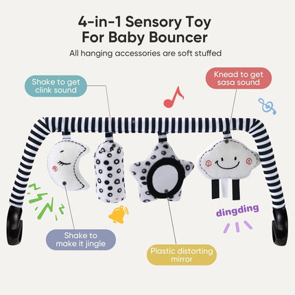 TinlyFinly Baby Bouncer Toy Bar Soft with 4 Hanging Sensory Toys Attachment, Compatible with Baby Bjorn Bouncer, with Mirror, Rattle, Crinkle Sound for Babies All Ages (Black and White Shapes)