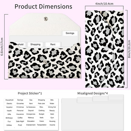 PU Leather Cash Envelopes Wallet, Reusable Money Savin Wallet, Cute Budget Envelope with 4 Dividers & 1 Sheets Budget Labels White Black Leopard