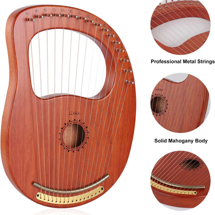 LIEKE Lyre Harp 16 Strings with Bag Tuning Wrench,Metal Strings,Mahogany Body and Copper Saddle,Professional Lyre Harp instrument Gift for Beginner Musician